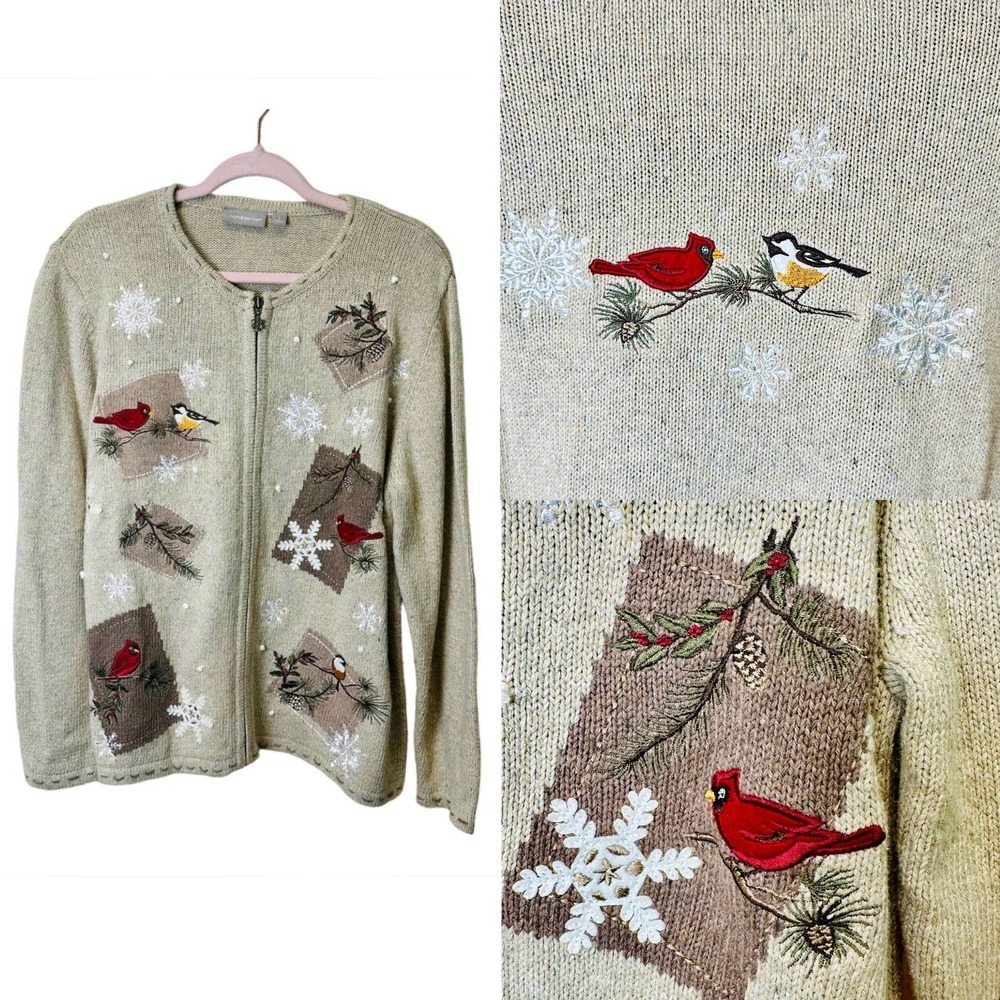 VTG. Y2K Crofts & Barrow Long Sleeve Cardigan Women’s sz. L‎ Tan Snow Birds